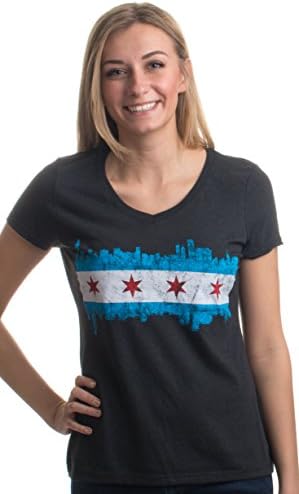 קו הרקיע של דגל סיטי שיקגו | חולצה Vintage Retro Triblend V-Neck Top לנשים